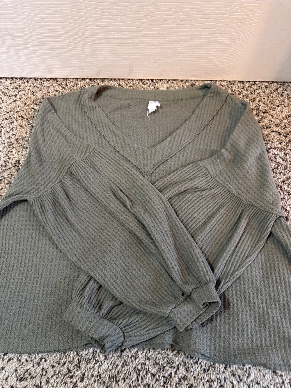 Lazy Sundays Olive Green Waffle Knit V-Neck Balloon Sleeve Crop Top
